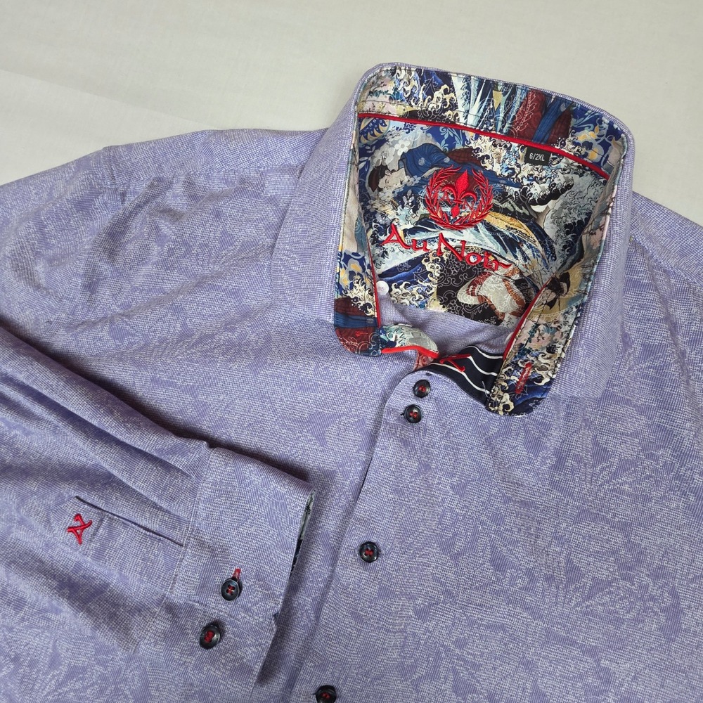 Au Noir Mercerized Cotton Button Down Shirt Mens 2XL Purple Floral Flip Cuffs - Picture 5 of 16